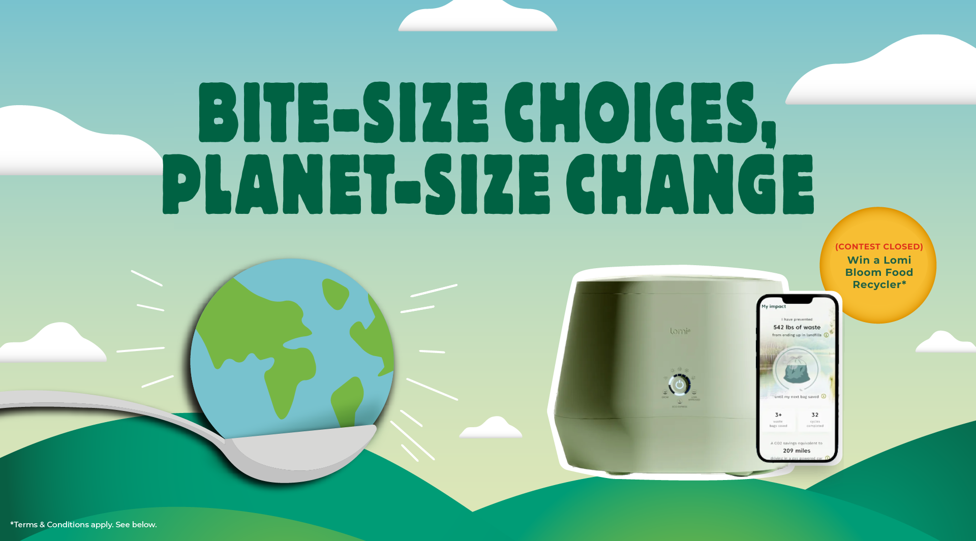 Promotional eco-friendly advertisement featuring Earth and a food recycler with the text 'Bite-Size Choices, Planet-Size Change.'