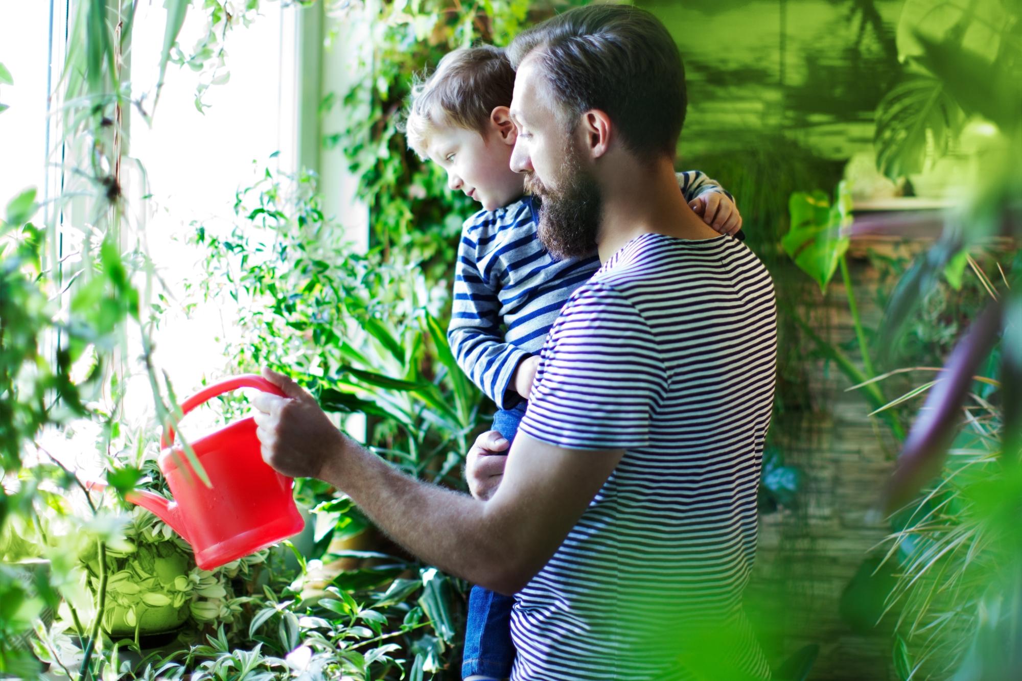 Father and son watering flowers