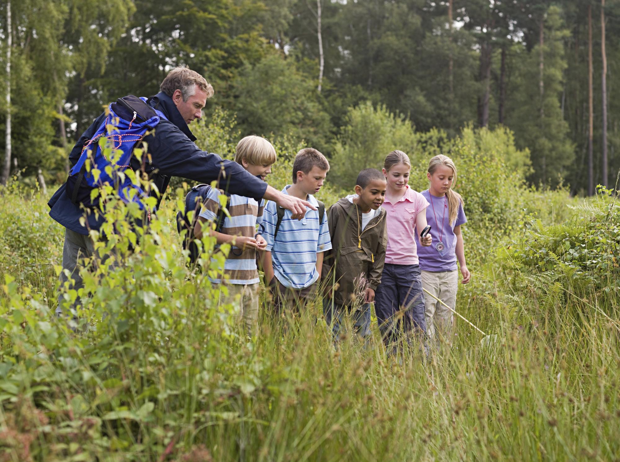 Kids in the greenery looking at something in the grass