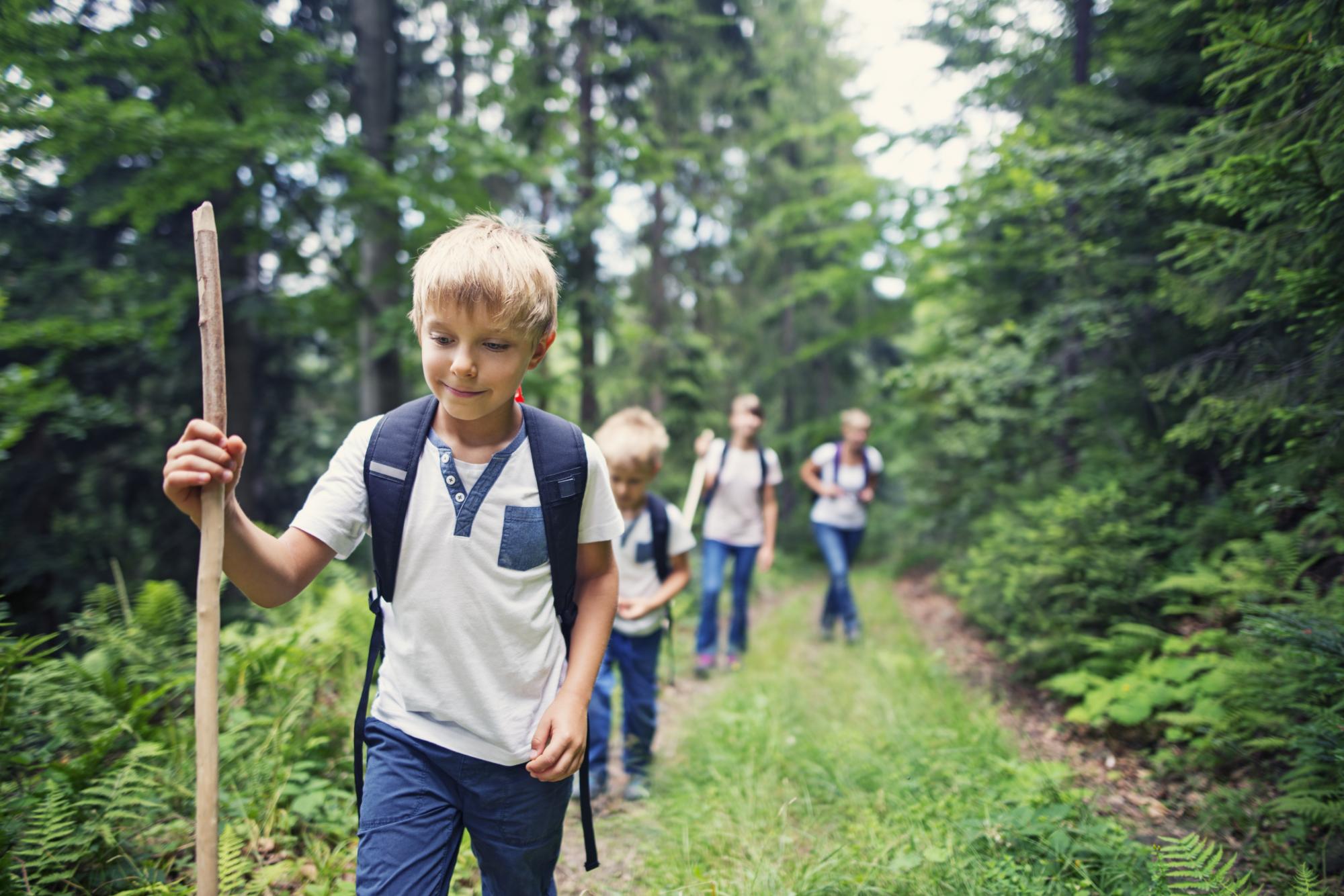 boy and his family hiking in forest