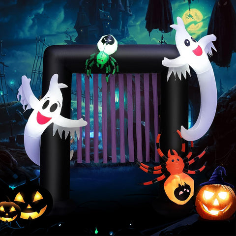 COSTWAY Arco inflable de Halloween de 8 pies, decoración de Halloween con 2 fantasmas encantados y 2 arañas, luces LED para interiores y exteriores, decoraciones navideñas