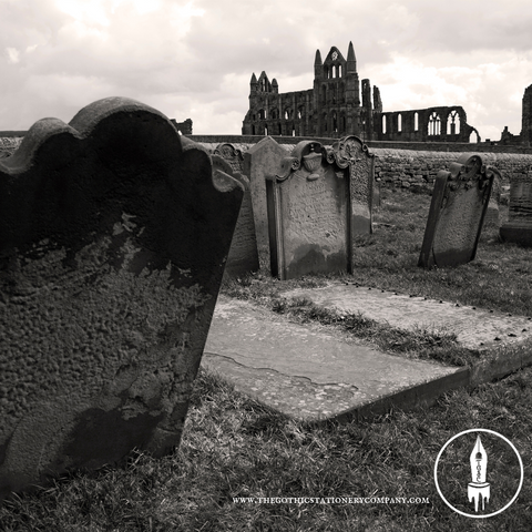 A view through the graveyard at Whitby Abbey