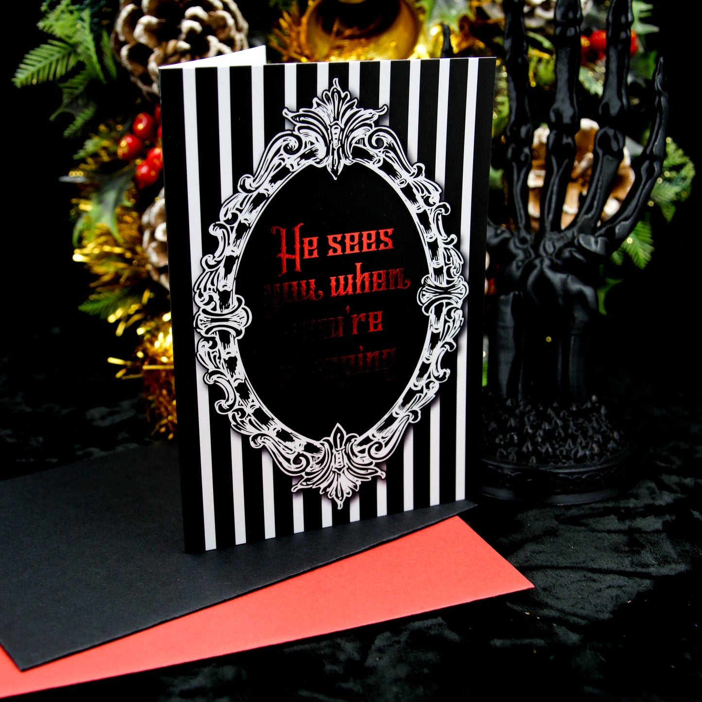 He Sees You When You're Sleeping Greetings Card | Gothic Christmas