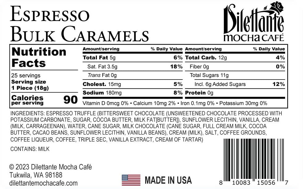 25-Piece Bulk Espresso Caramel in Milk Chocolate Nutrition Facts