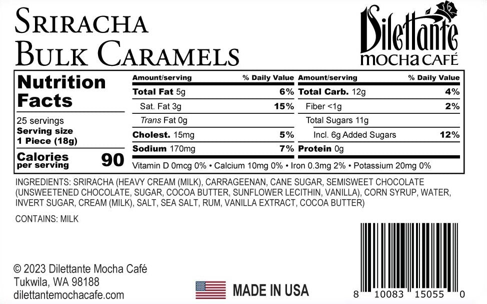 25-Piece Bulk Sriracha Caramel in Dark Chocolate Nutrition Facts