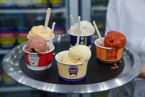 Assortment of condiment flavored ice creams on a tray