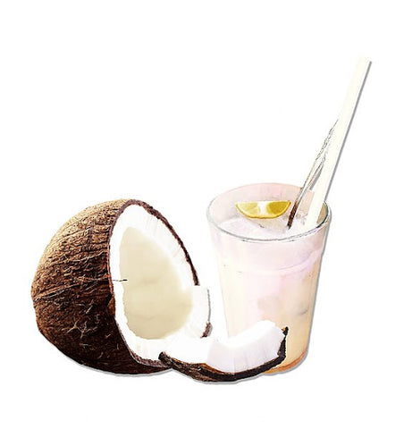 Coconut and a glass of coconut milk side by side