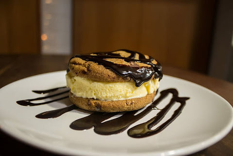 Vegan ice cream sandwich with chocolate drizzle