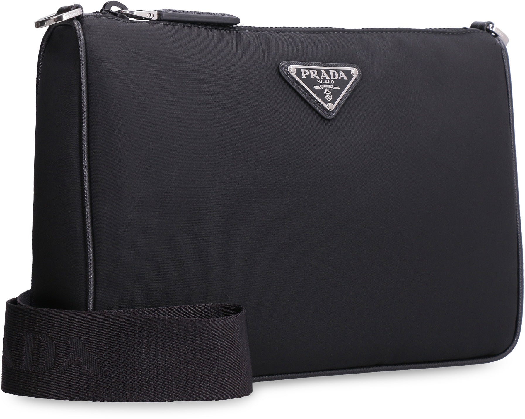 Prada Logo Plaque Clutch Bag Black in Nylon with Silver-tone - US