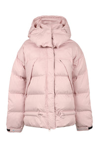 Hooded techno fabric down jacket