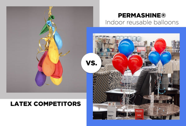 Deflated, saggy latex balloons vs inflated PermaShine indoor reusable balloons - multiple colors