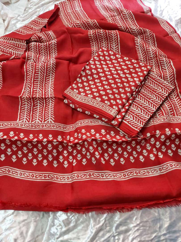 Pure Muslin Silk Hand Block Printed 3 pc Salwar Suit