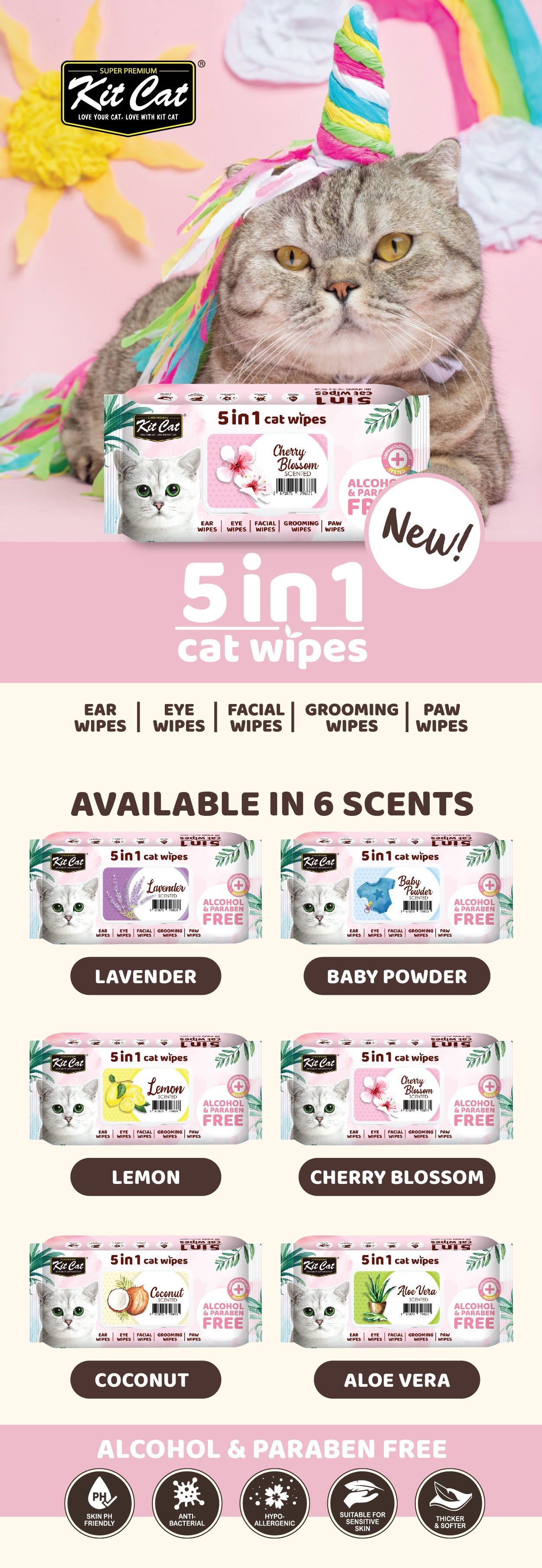 Kit Cat 5 in 1 Cat Wipes - Cherry Blossom (80pcs) | Paraben & Alcohol Free