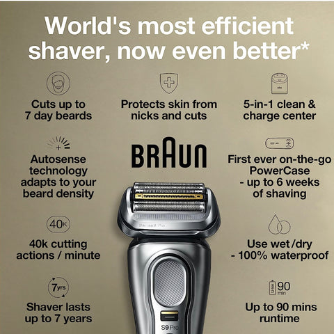 braun series 9 wet and dry electric foil razor product photo and demonstration graphic