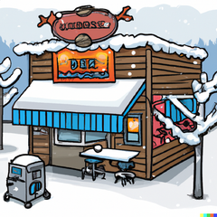 BBQ restaurant cartoon in snowy town