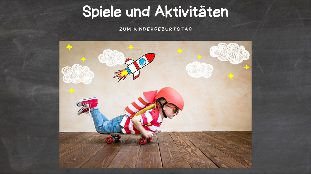 Kindergeburtstag planen - Spiele und Aktivitäten: Auf diesem Bild liegt ein Kind auf einem Skateboard. Es hat einen Raketenrucksack umgeschnallt