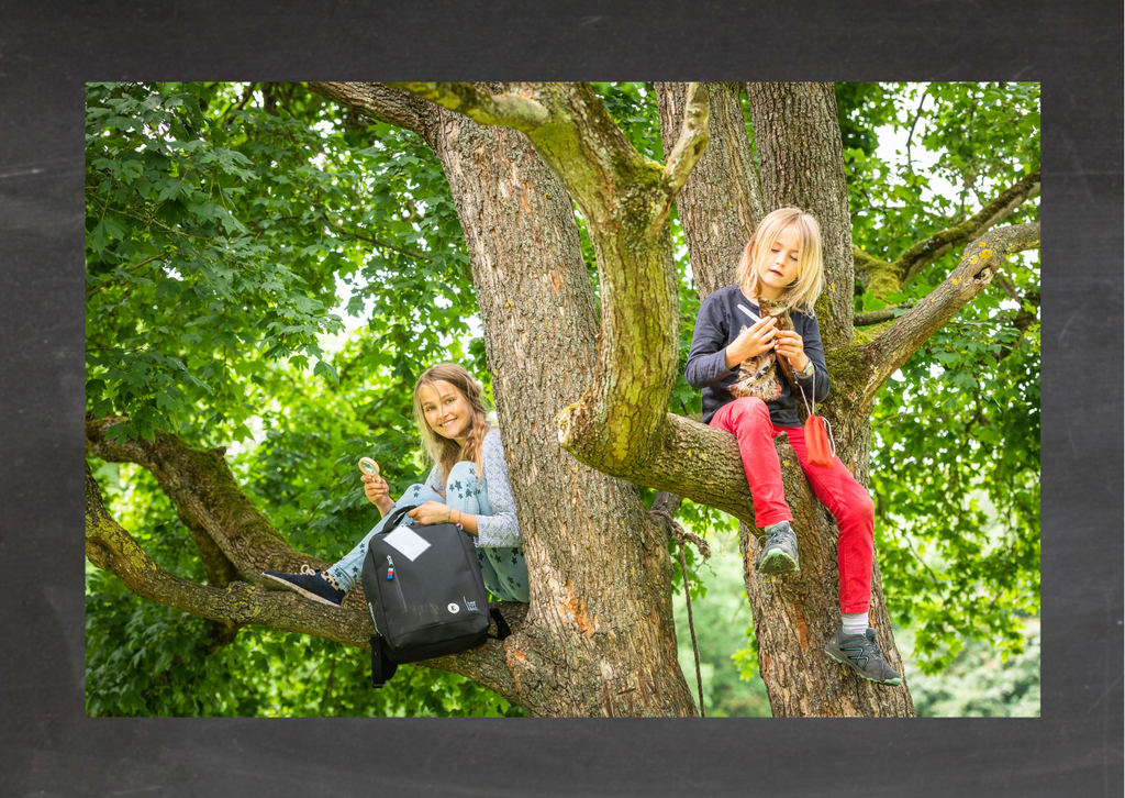 Kindergeburtstag Idee: Wald Entdecken. Ein Junge und ein Mädchen sitzen in einem Baum
