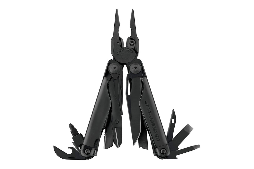 gifts for boaters Black leatherman tool with pliers, drivers, and opener extended