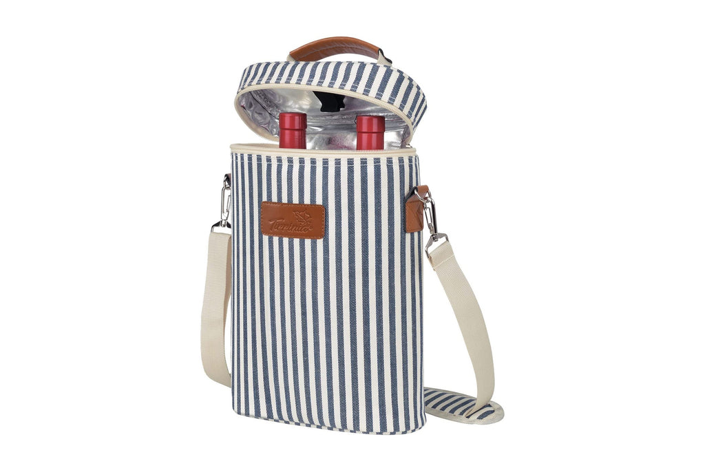 Blue and white vertical striped tote with strap