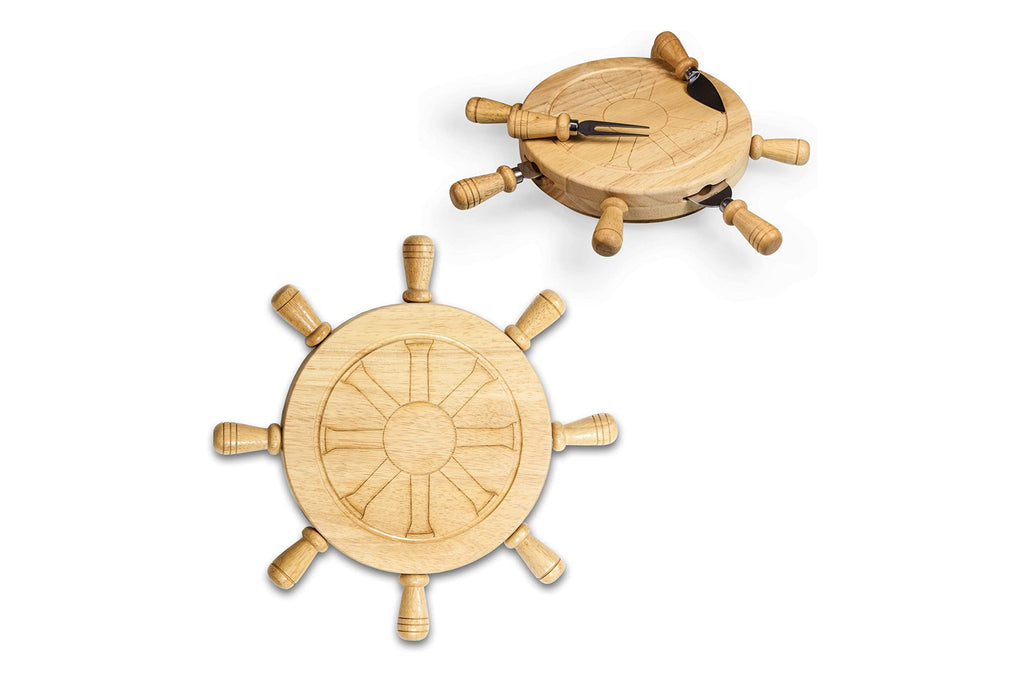 gifts for boaters Cheeseboard shaped like the helm of a ship with cheese knives