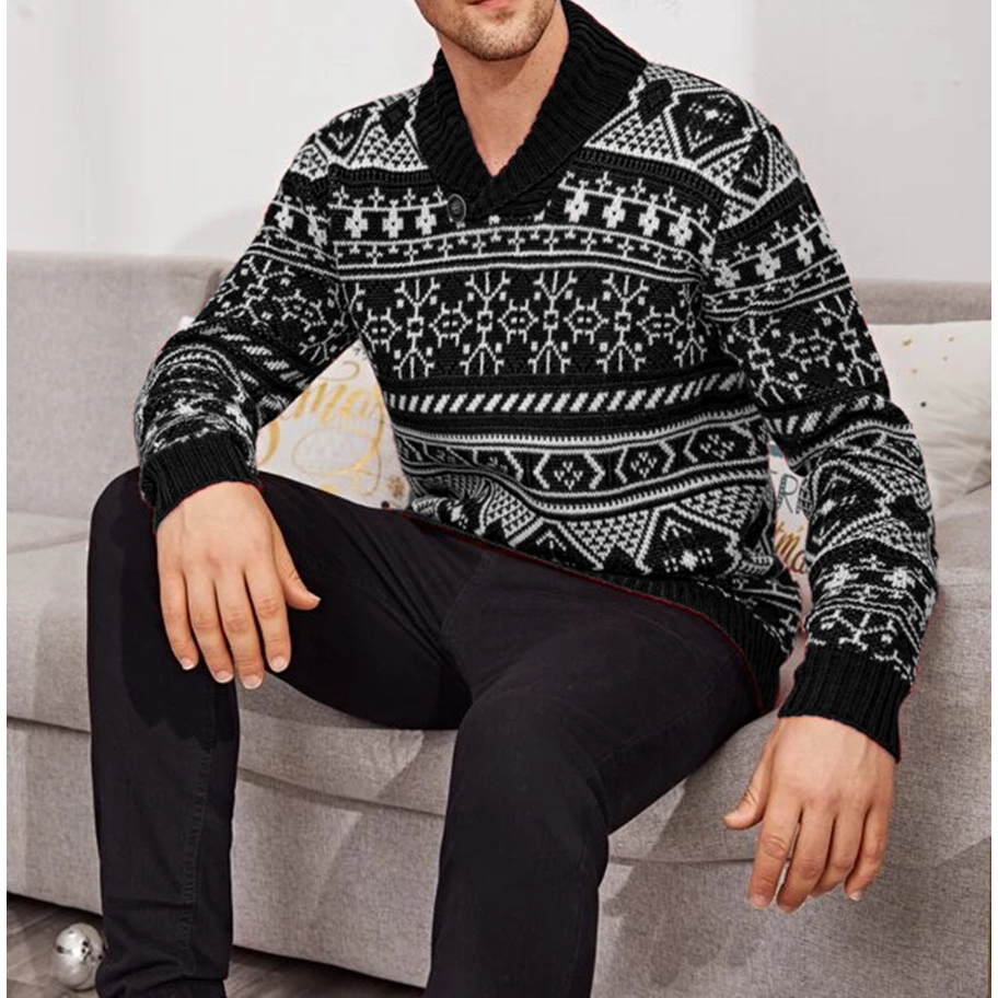 Men’s Christmas Elk Printed Lapel Knitted Pullover Sweater