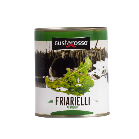 n Gustarosso brand can with Friarielli (broccoli rabe), with an image of a man holding the vegetables and a rural landscape in the background