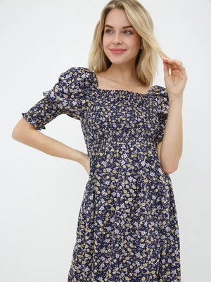 Blue B Floral Print Smocked Bodice Puff Midi Dress - Blush & Cactus