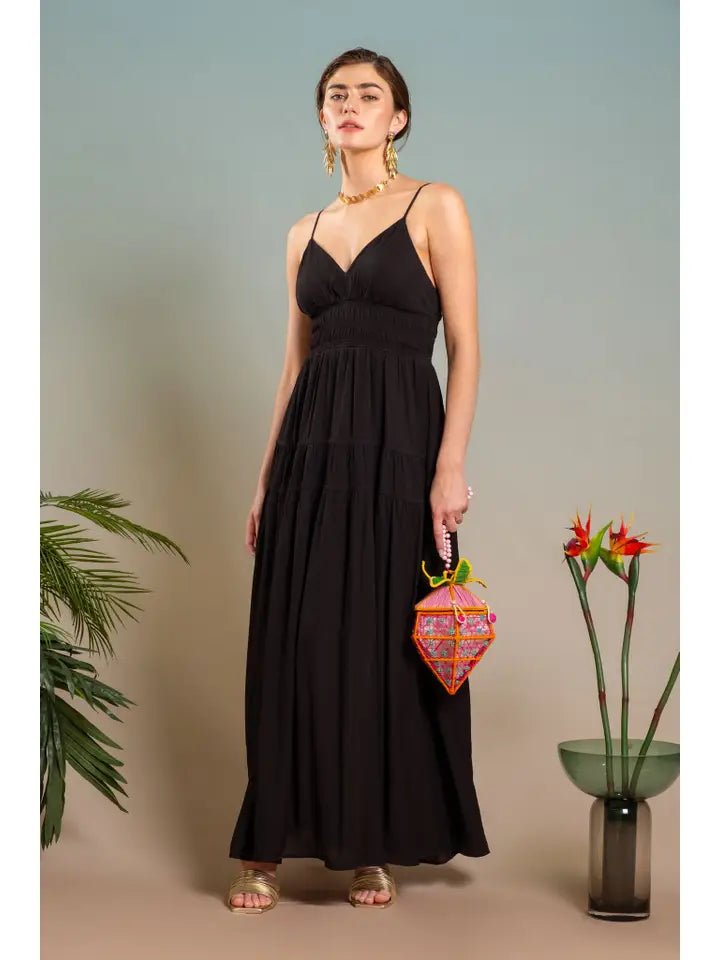 Blu Pepper V Neck Shirred Waist Sleeveless Midi Dress