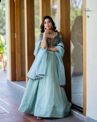 Teal Tissue Organza Lehenga Set | Organza lehenga, Bollywood outfits,  Traditional indian dress