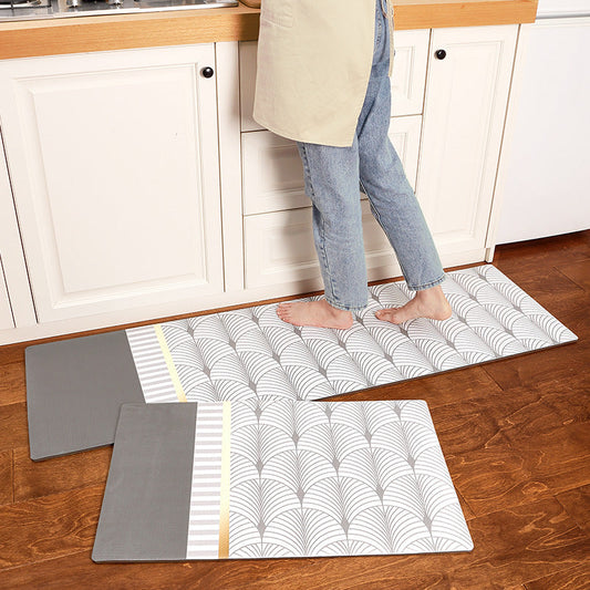 Feblilac Grey and Golden Line Art PVC Leather Kitchen Mat