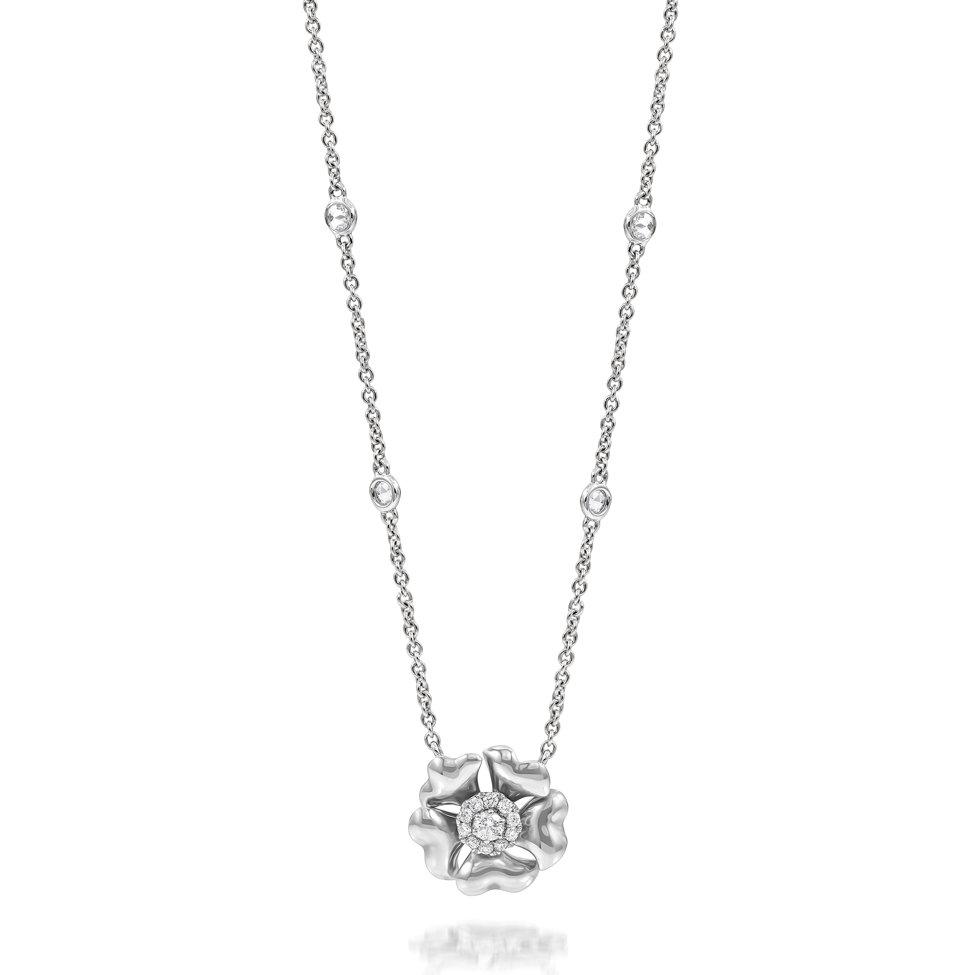 Bloom Gold and Diamond Flower Halo Necklace In 18K White Gold