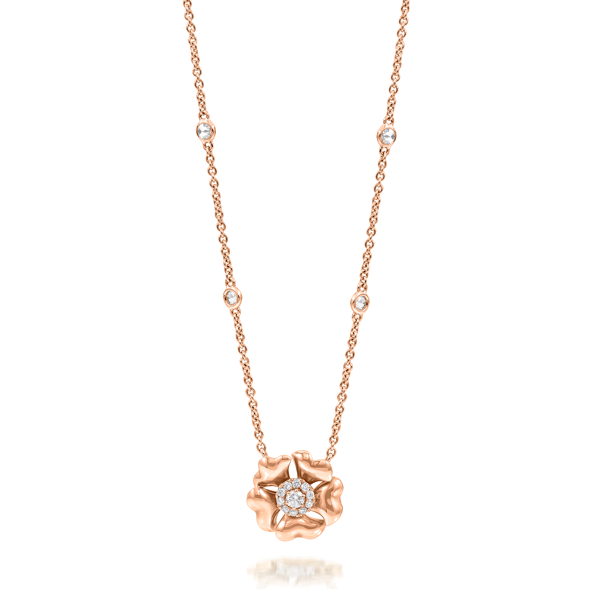 Bloom Gold and Diamond Flower Halo Necklace In 18K Rose Gold