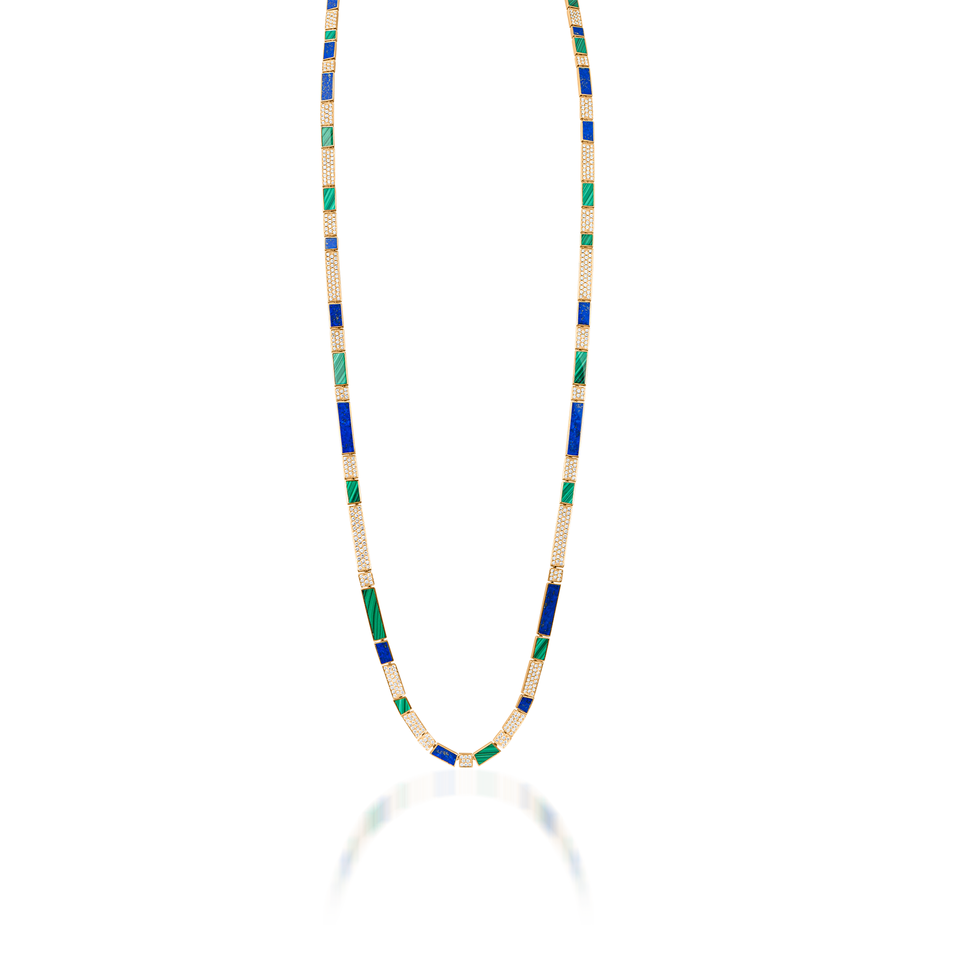 Nova Opera 31" Necklace with Lapis Lazuli, Malachite and Diamond Long Chain In 18k Yellow gold