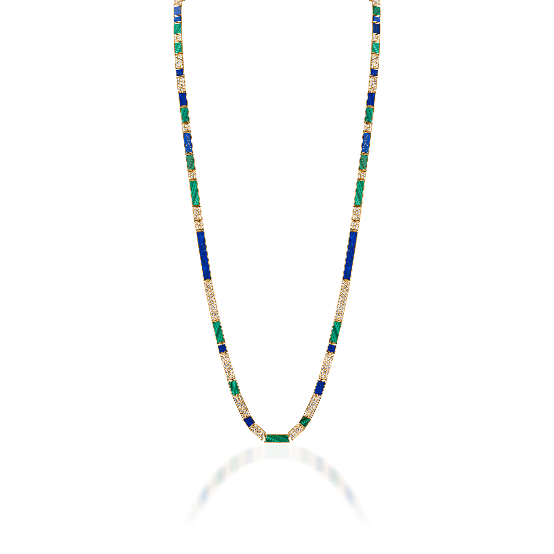 Nova Opera 34" Necklace with Lapis Lazuli, Malachite and Diamond Long Chain In 18k Yellow gold