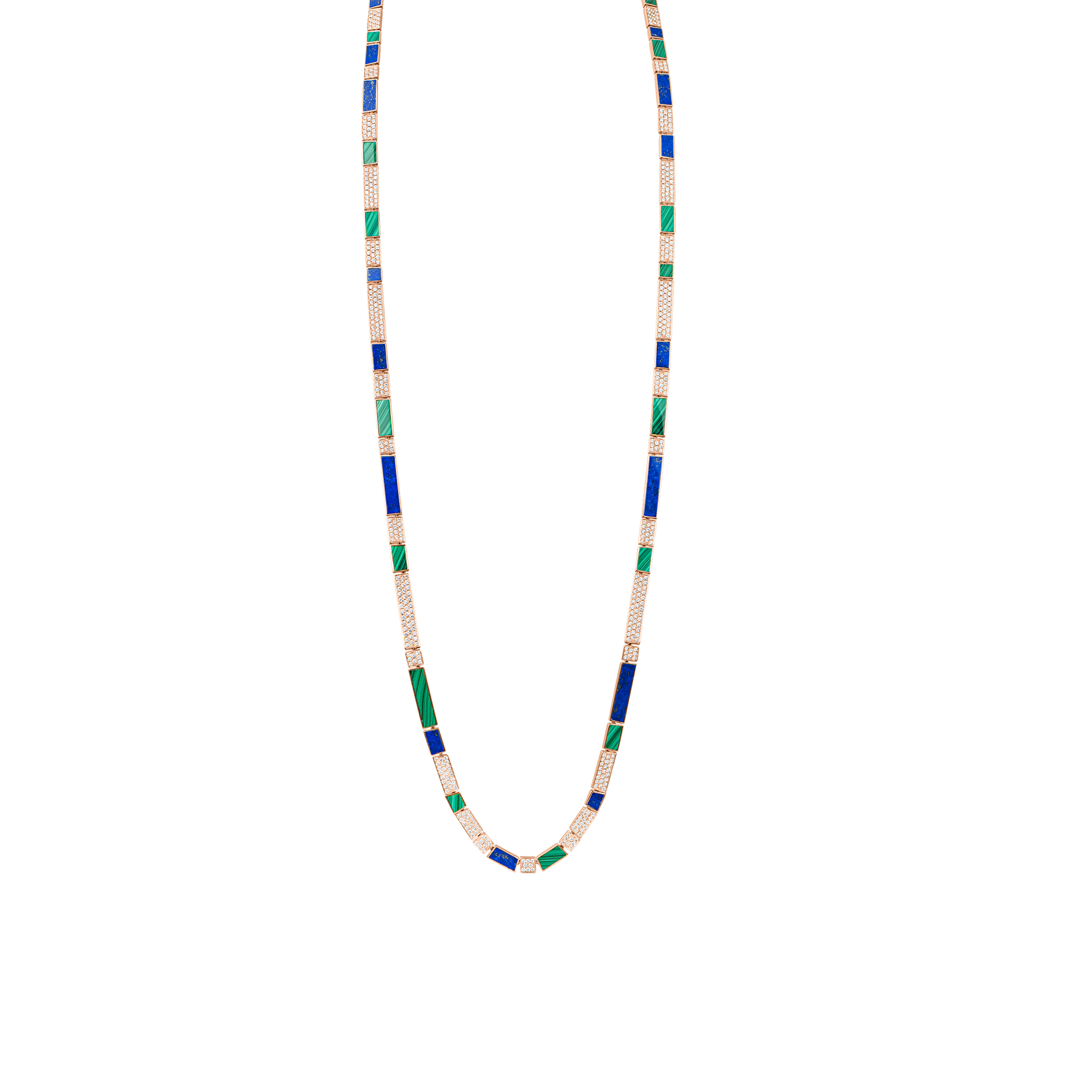 Nova Opera 31" Necklace with Lapis Lazuli, Malachite and Diamond Long Chain In 18k Rose gold