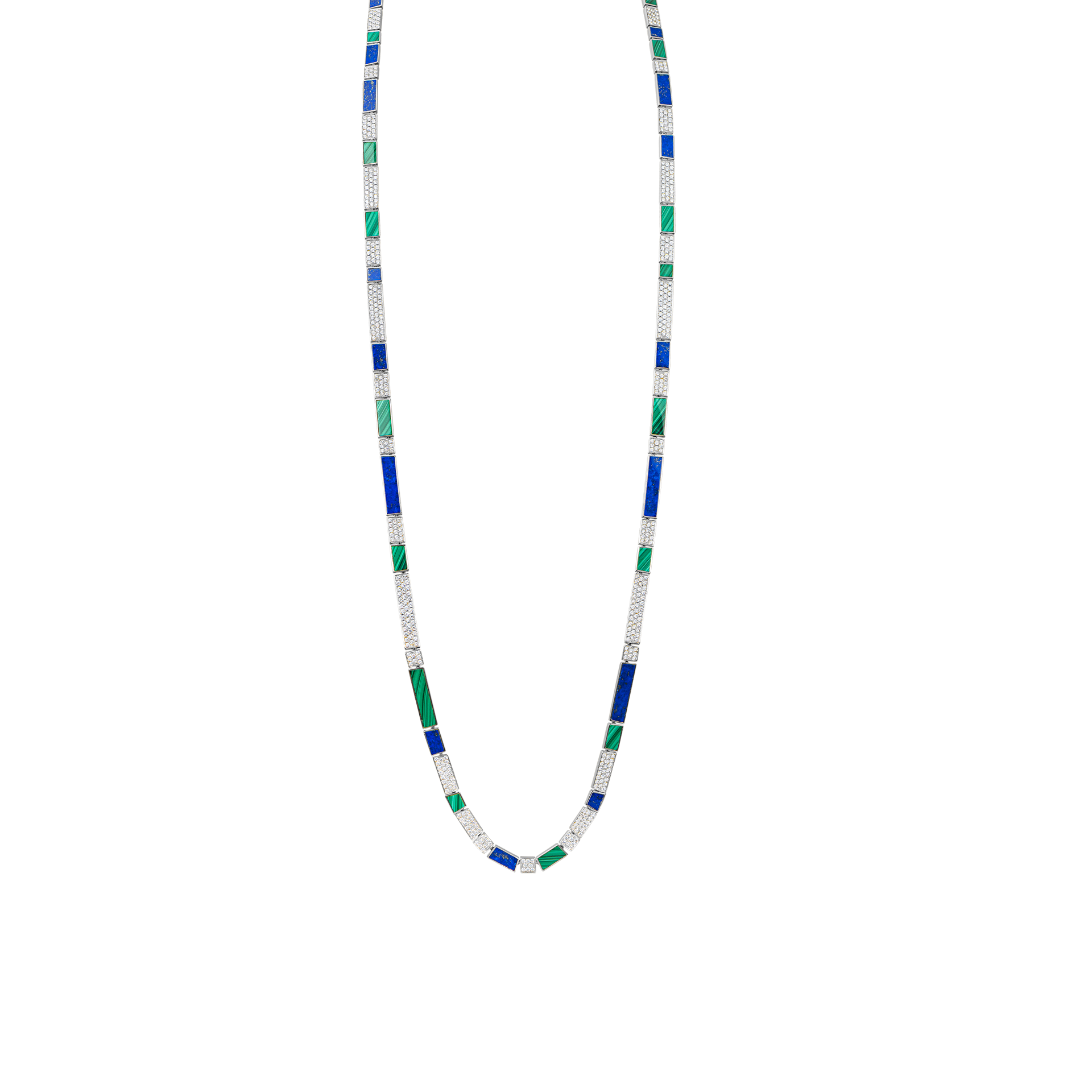 Nova Opera 31" Necklace with Lapis Lazuli, Malachite and Diamond Long Chain In 18k White gold