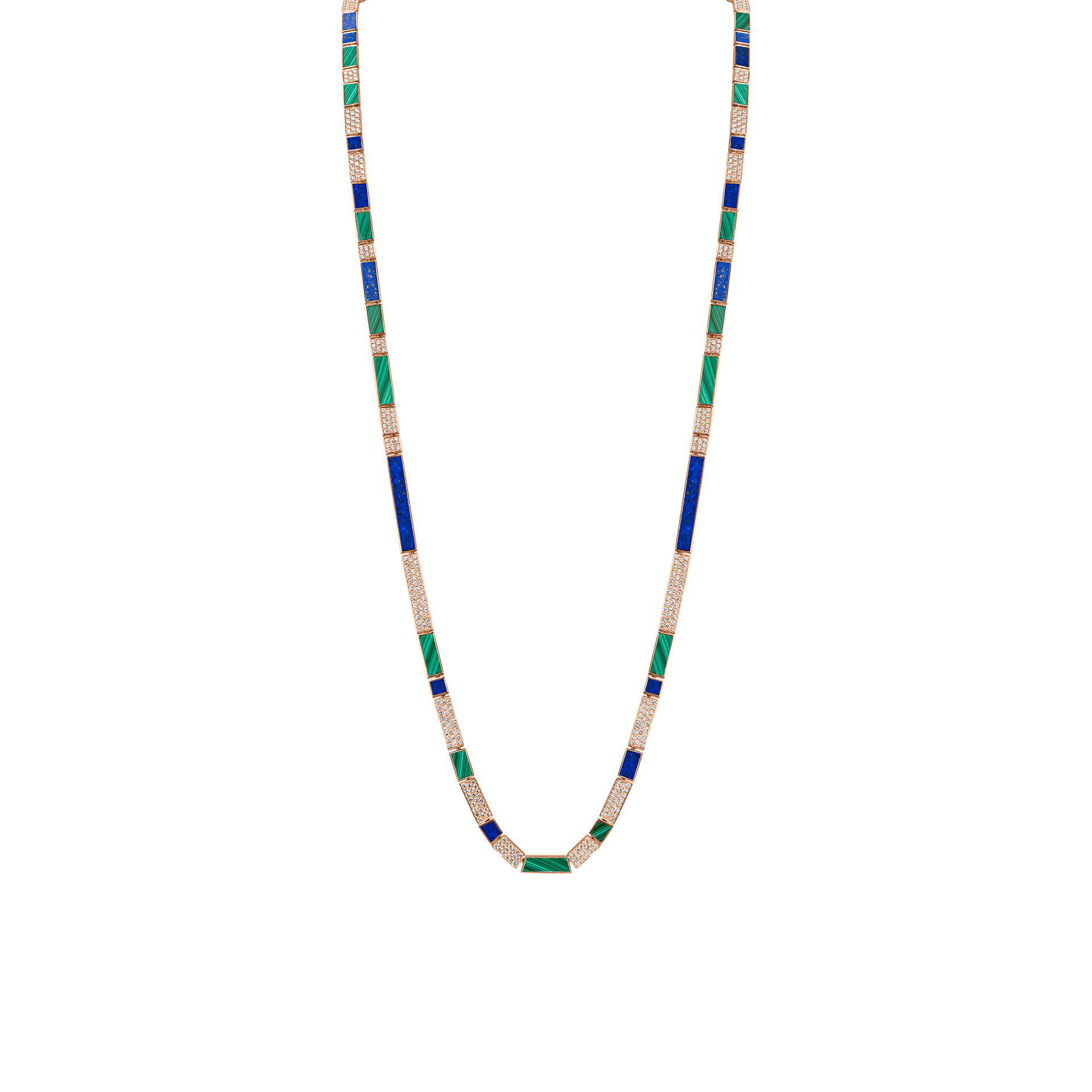 Nova Opera 34" Necklace with Lapis Lazuli, Malachite and Diamond Long Chain In 18k Rose gold