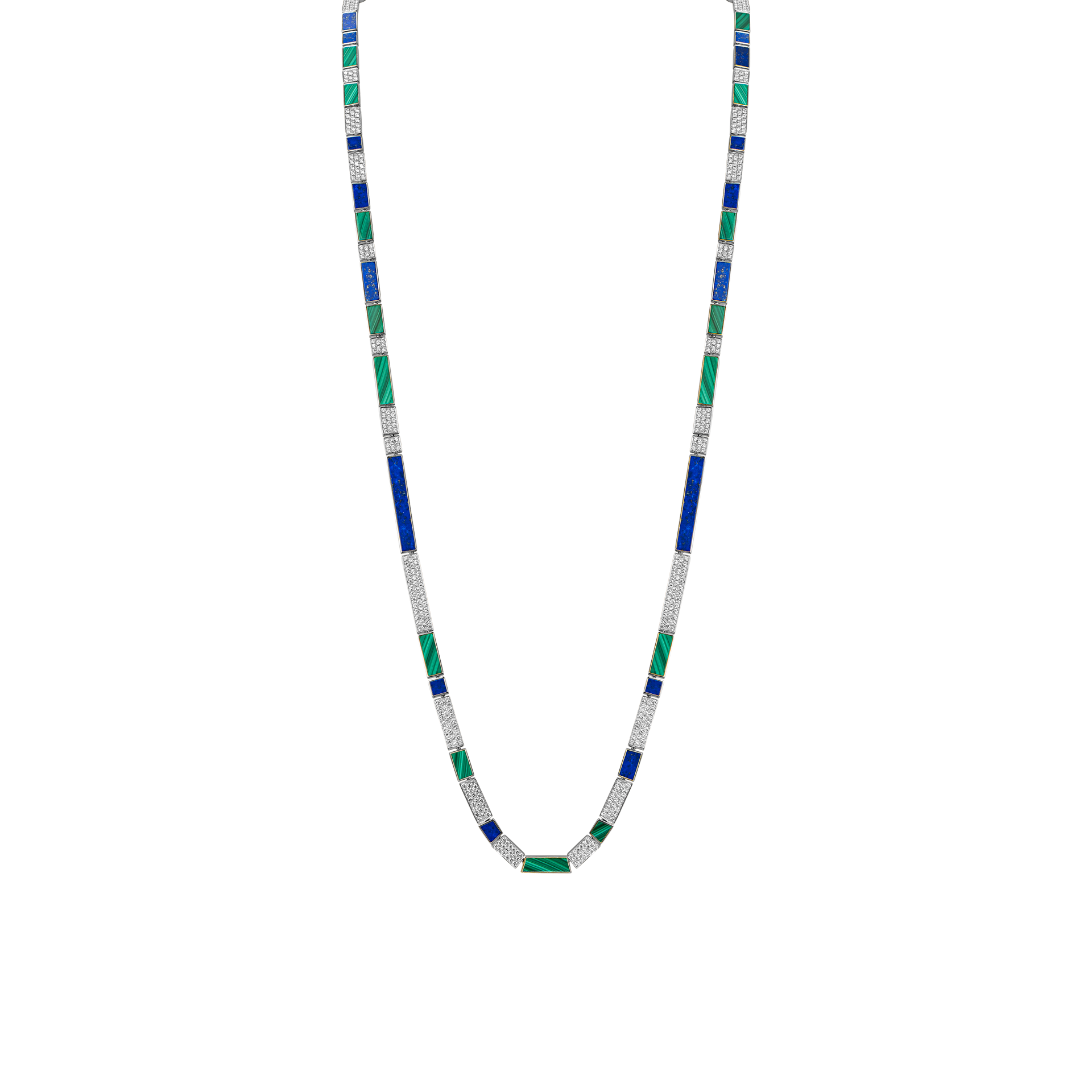Nova Opera 34" Necklace with Lapis Lazuli, Malachite and Diamond Long Chain In 18k White gold