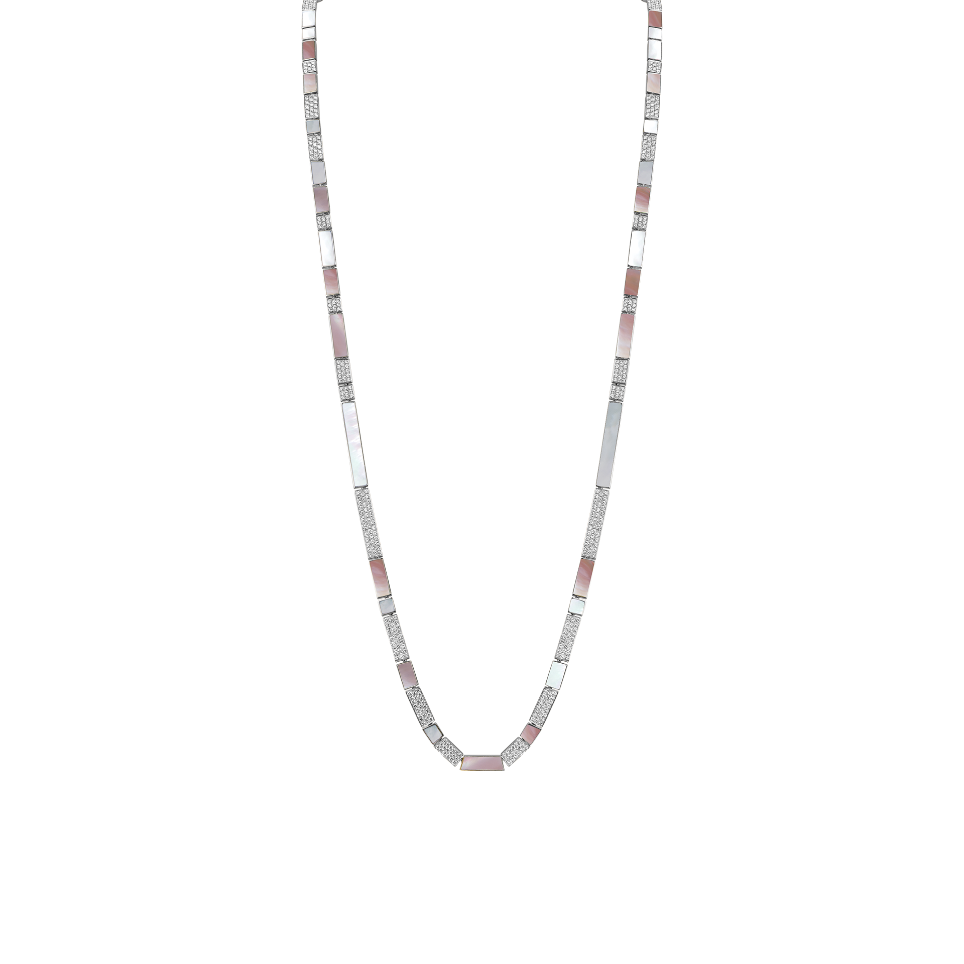 Nova Opera 34" Necklace with White Mother of Pearl, Pink Mother of Pearl and Diamond Long Chain In 18K White Gold