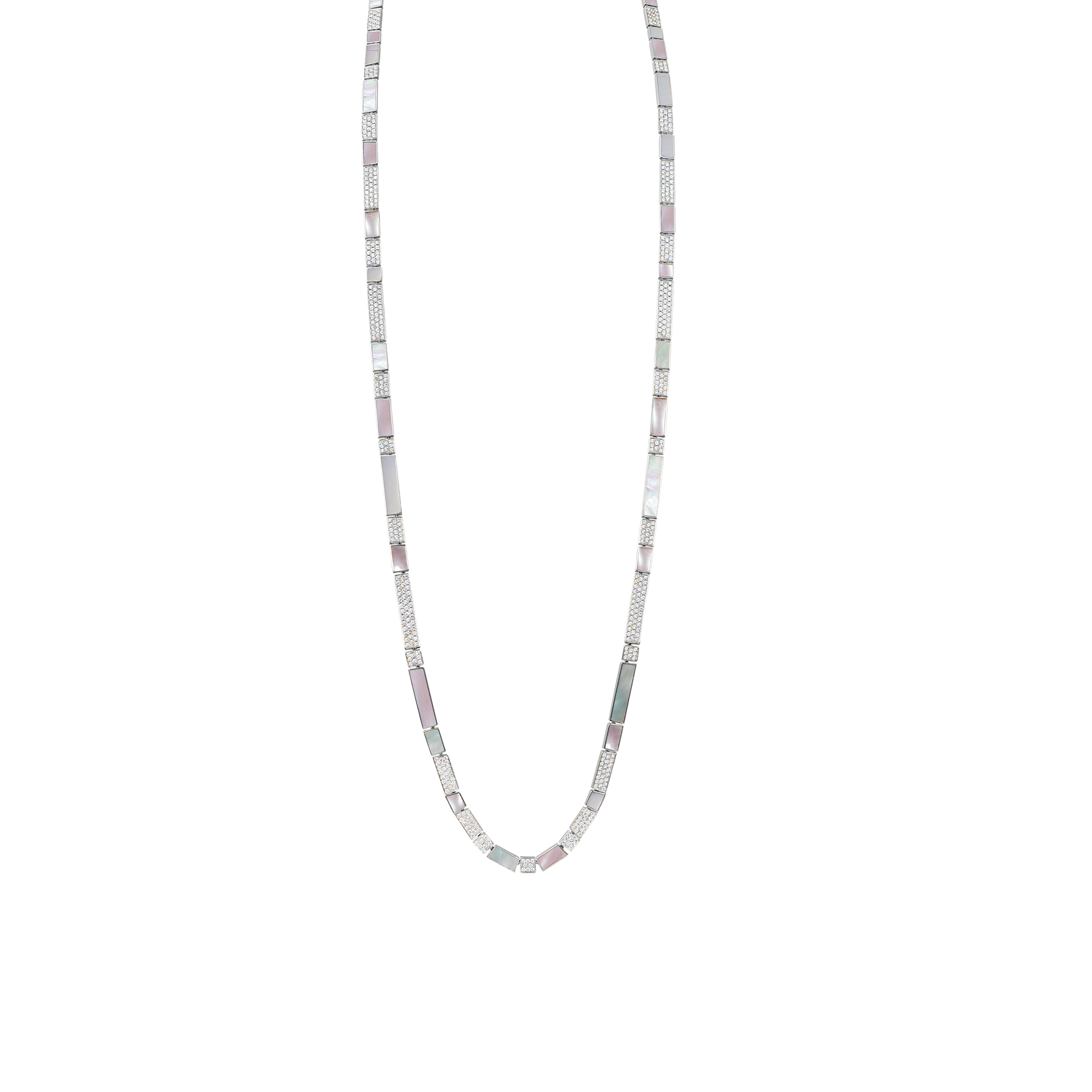 Nova Opera 31" Necklace with White Mother of Pearl, Pink Mother of Pearl and Diamond Long Chain In 18K White Gold
