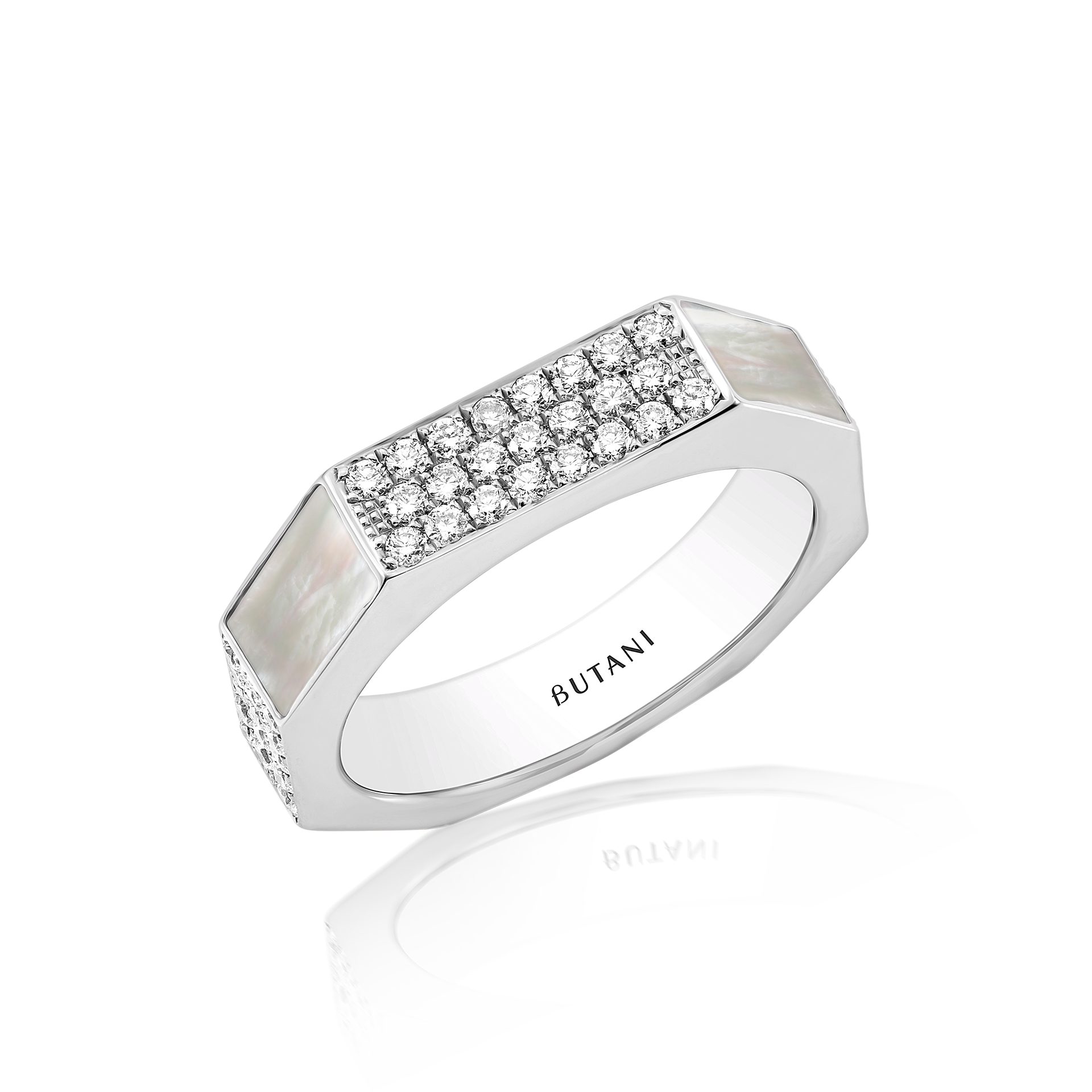 Nova Wide White Mother of Pearl & Diamond Ring In 18K White Gold
