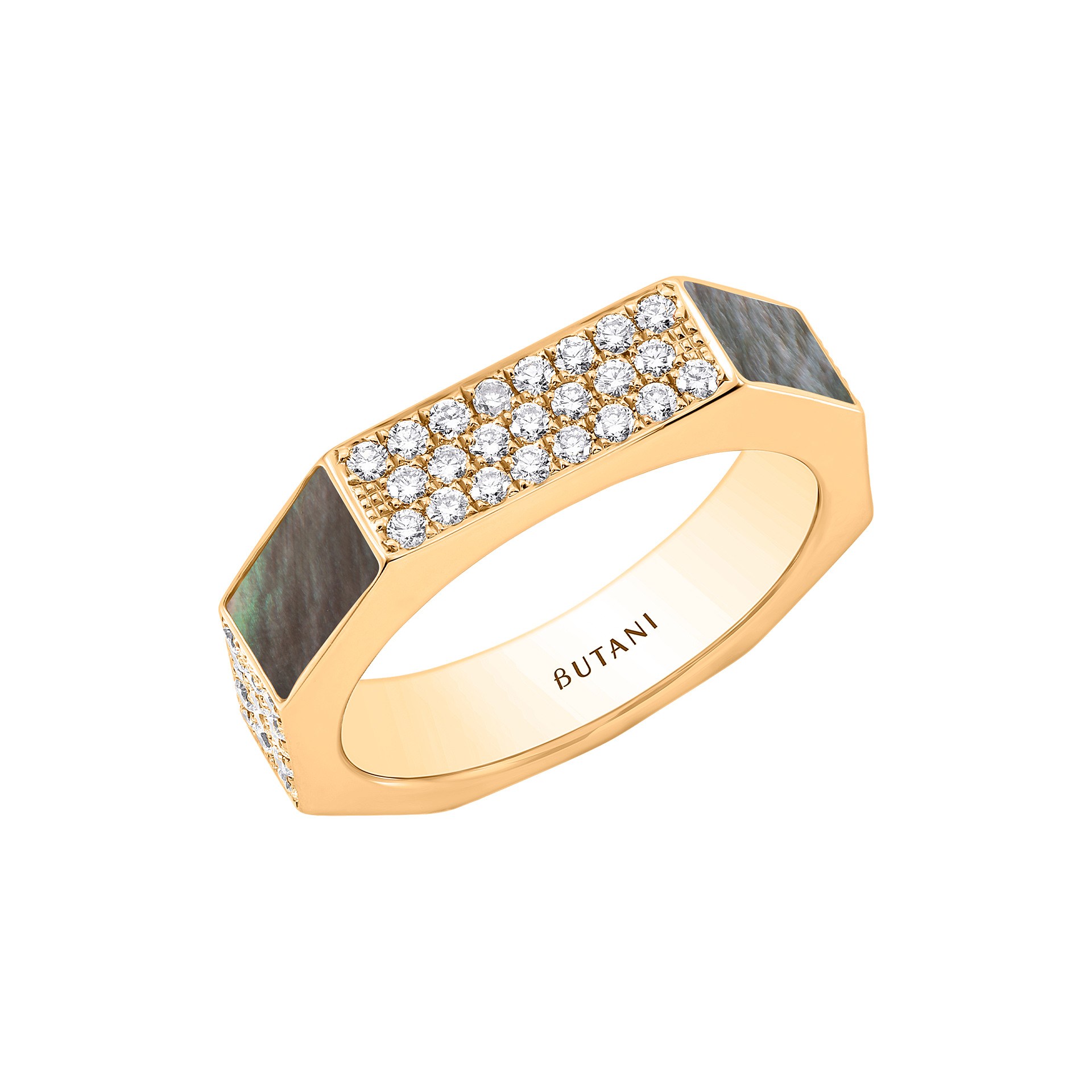 Nova Wide Grey Mother of Pearl & Diamond Ring In 18K Yellow Gold
