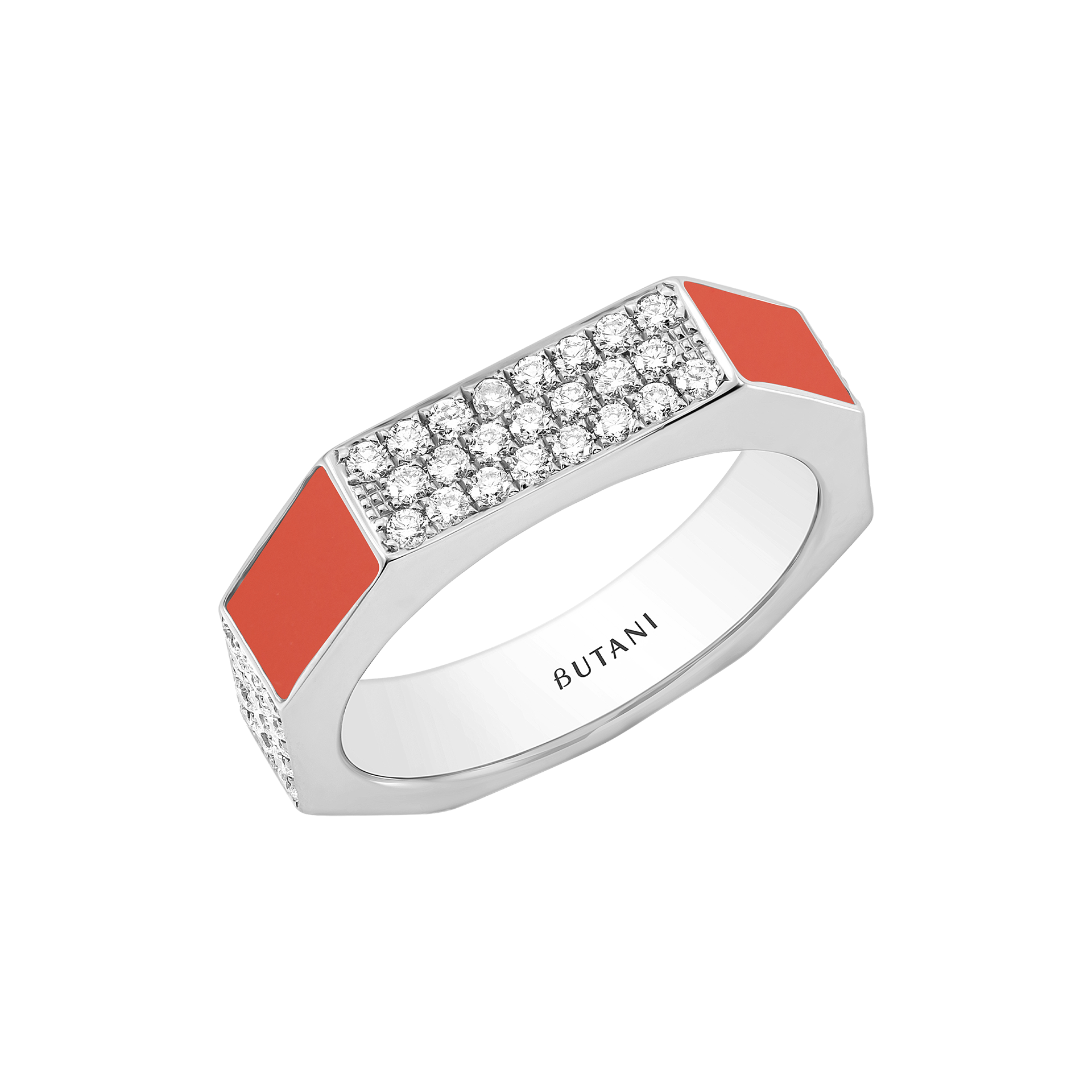 Nova Wide Orange Coral & Diamond Ring In 18K White Gold