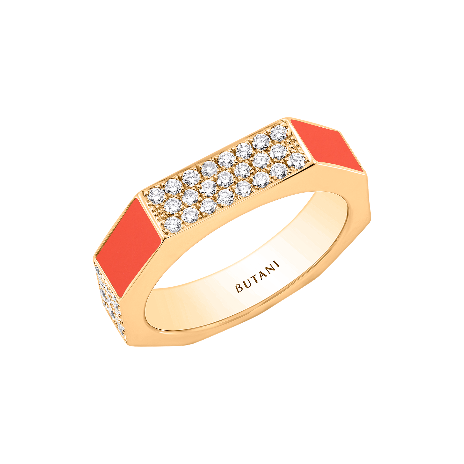 Nova Wide Orange Coral & Diamond Ring In 18K Yellow Gold