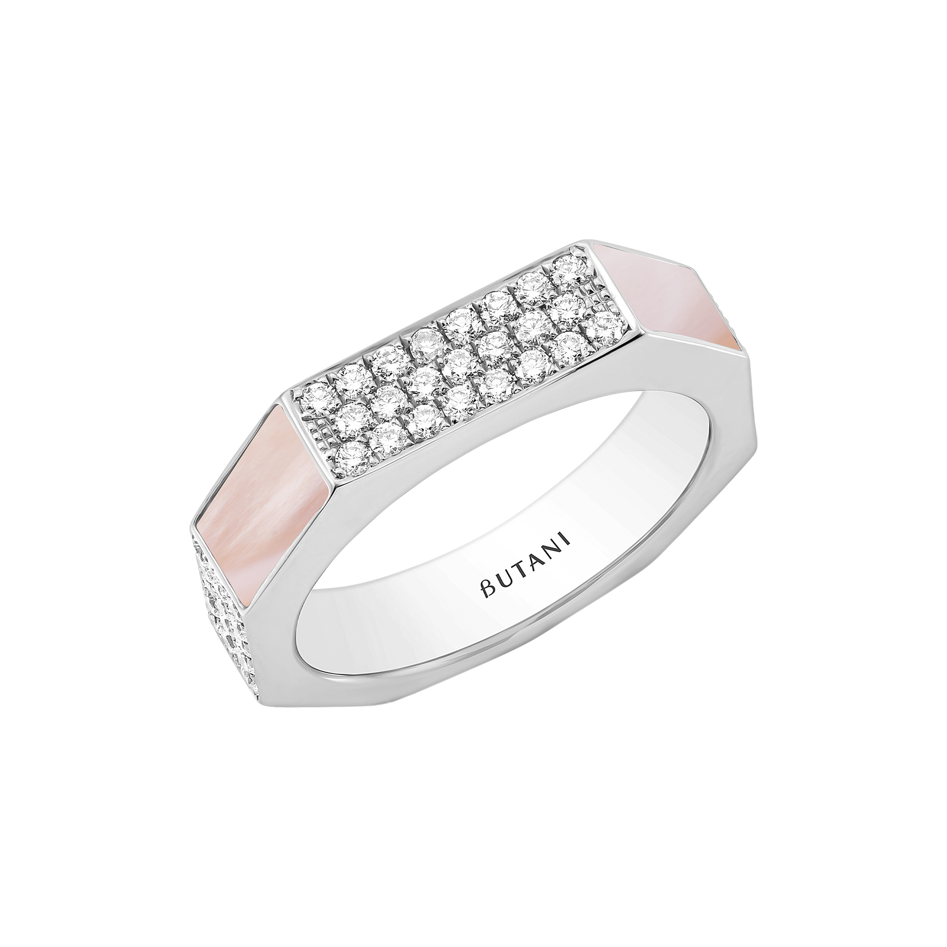 Nova Wide Pink Mother of Pearl & Diamond Ring In 18K White Gold