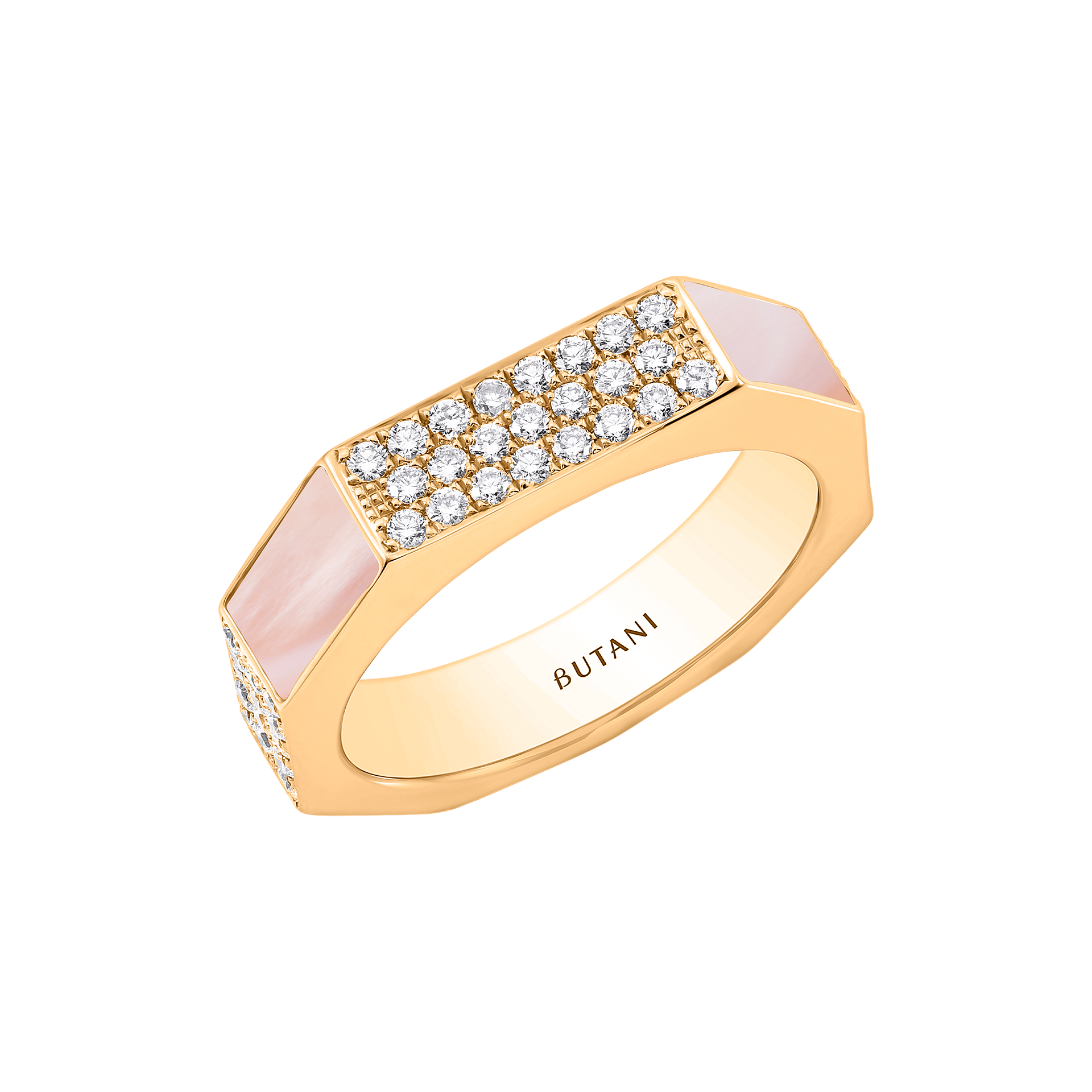 Nova Wide Pink Mother of Pearl & Diamond Ring In 18K Yellow Gold