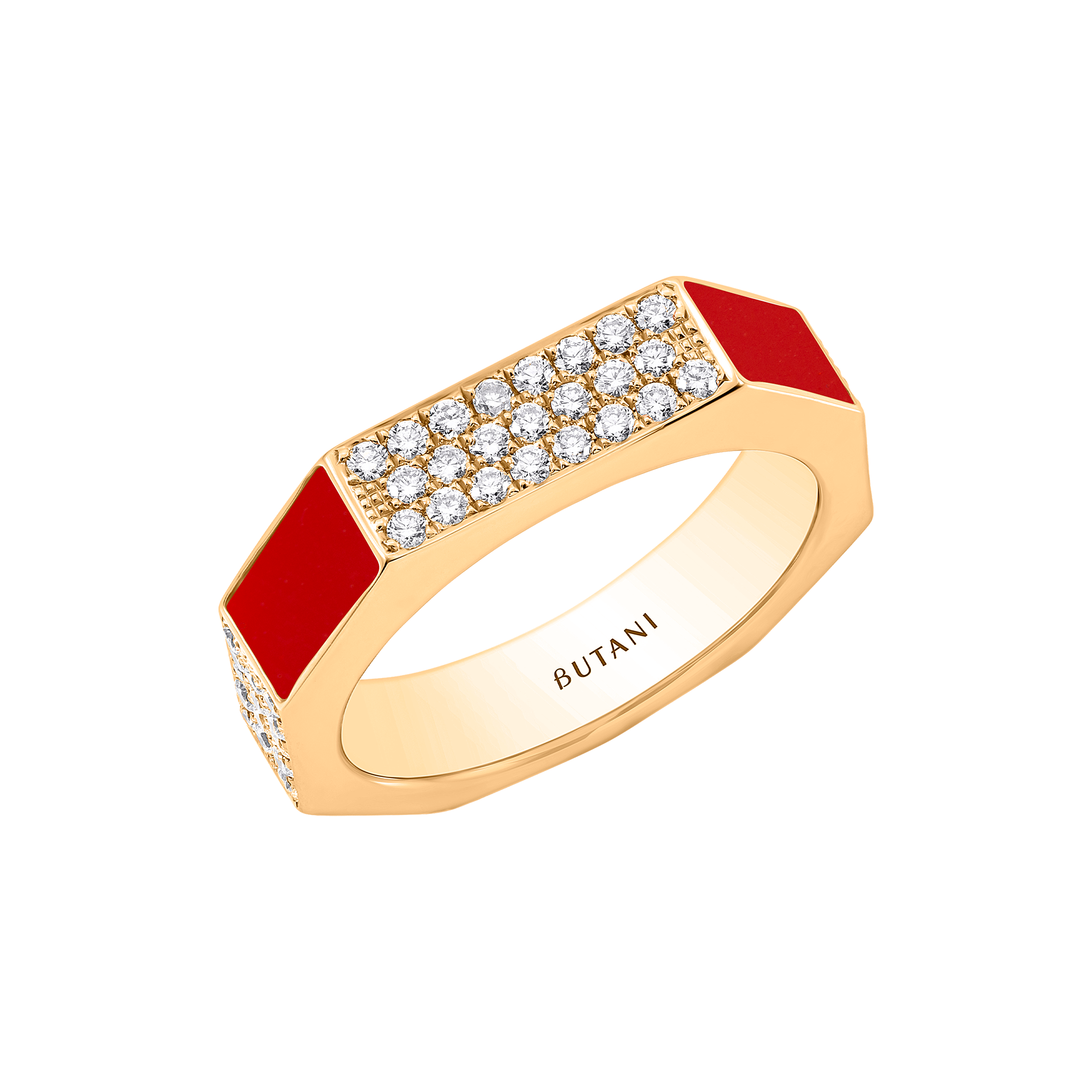 Nova Wide Red Coral & Diamond Ring In 18K Yellow Gold