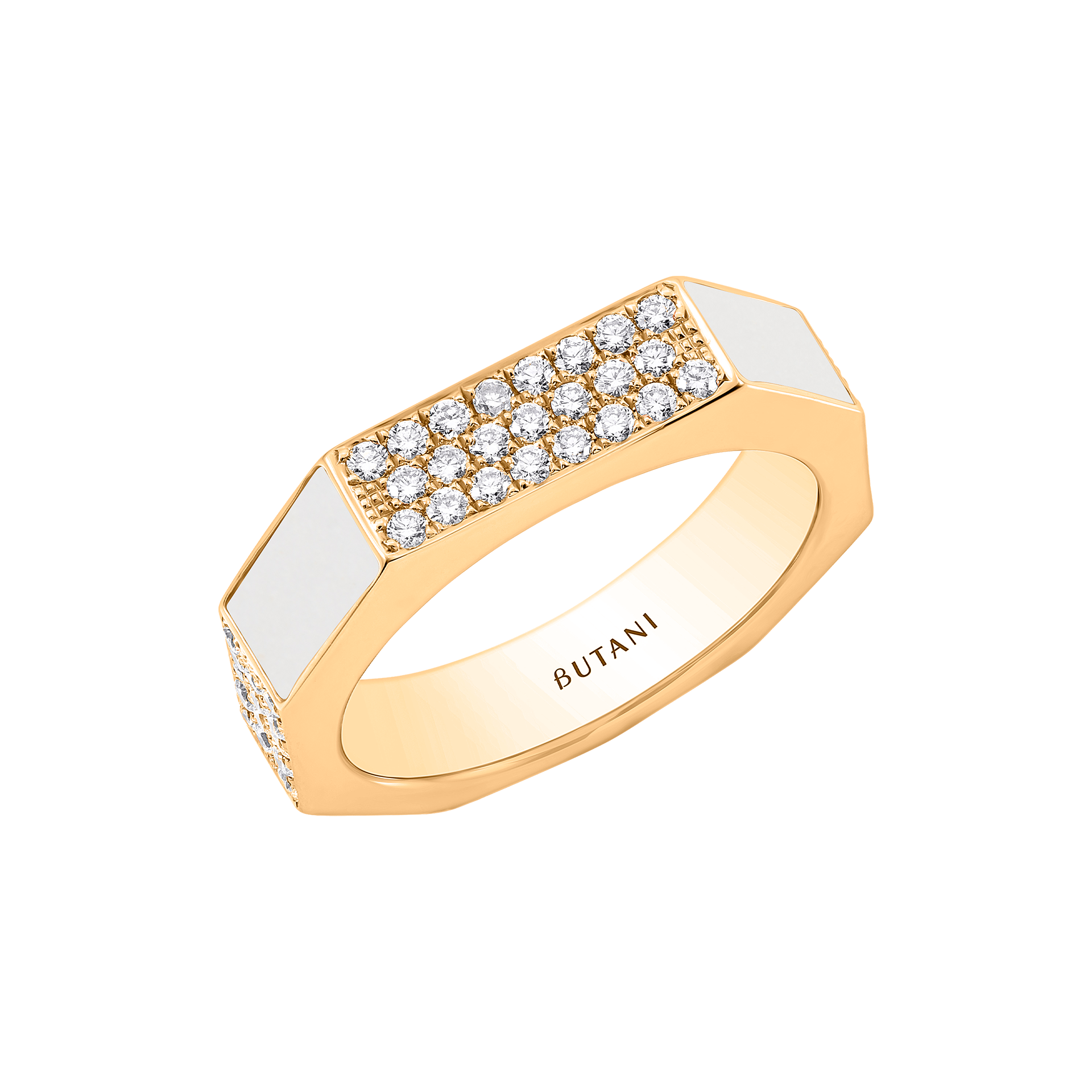 Nova Wide White Agate & Diamond Ring In 18K Yellow Gold