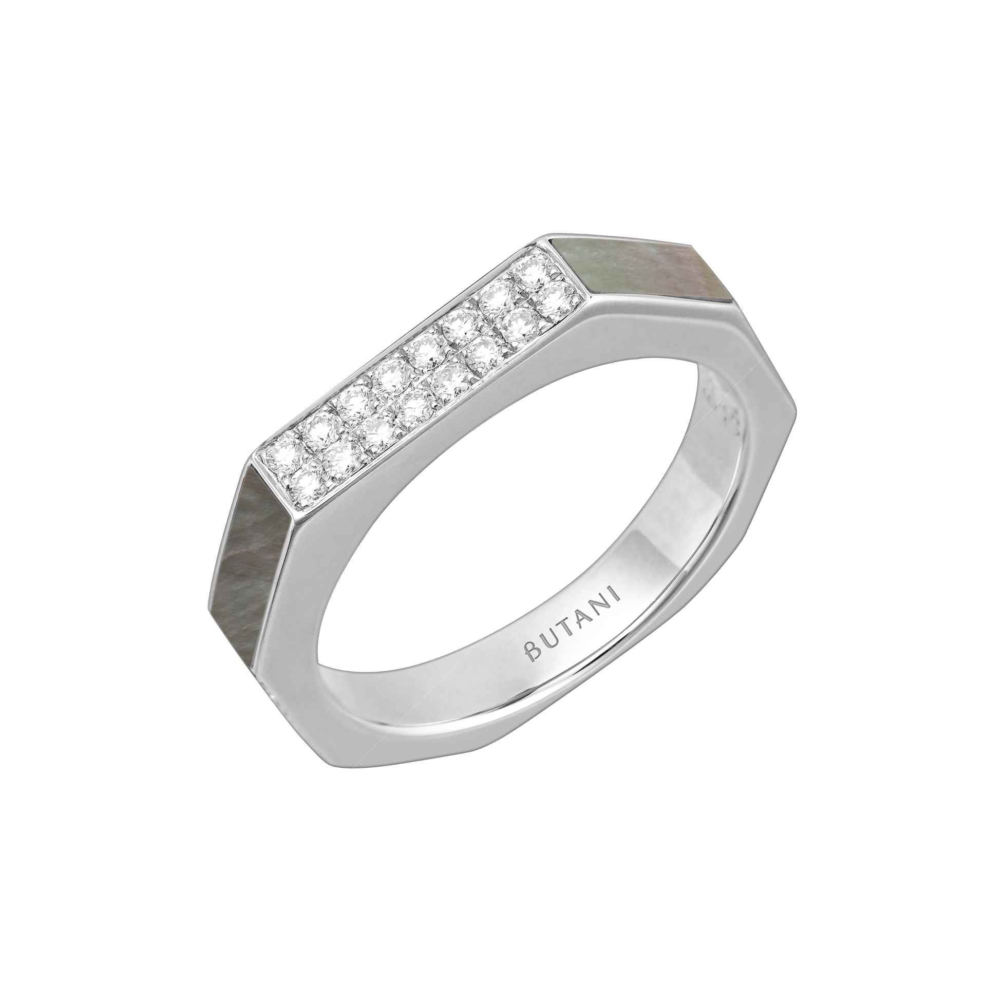 Nova Slim Diamond Ring with Grey Mother of Pearl In 18K White Gold