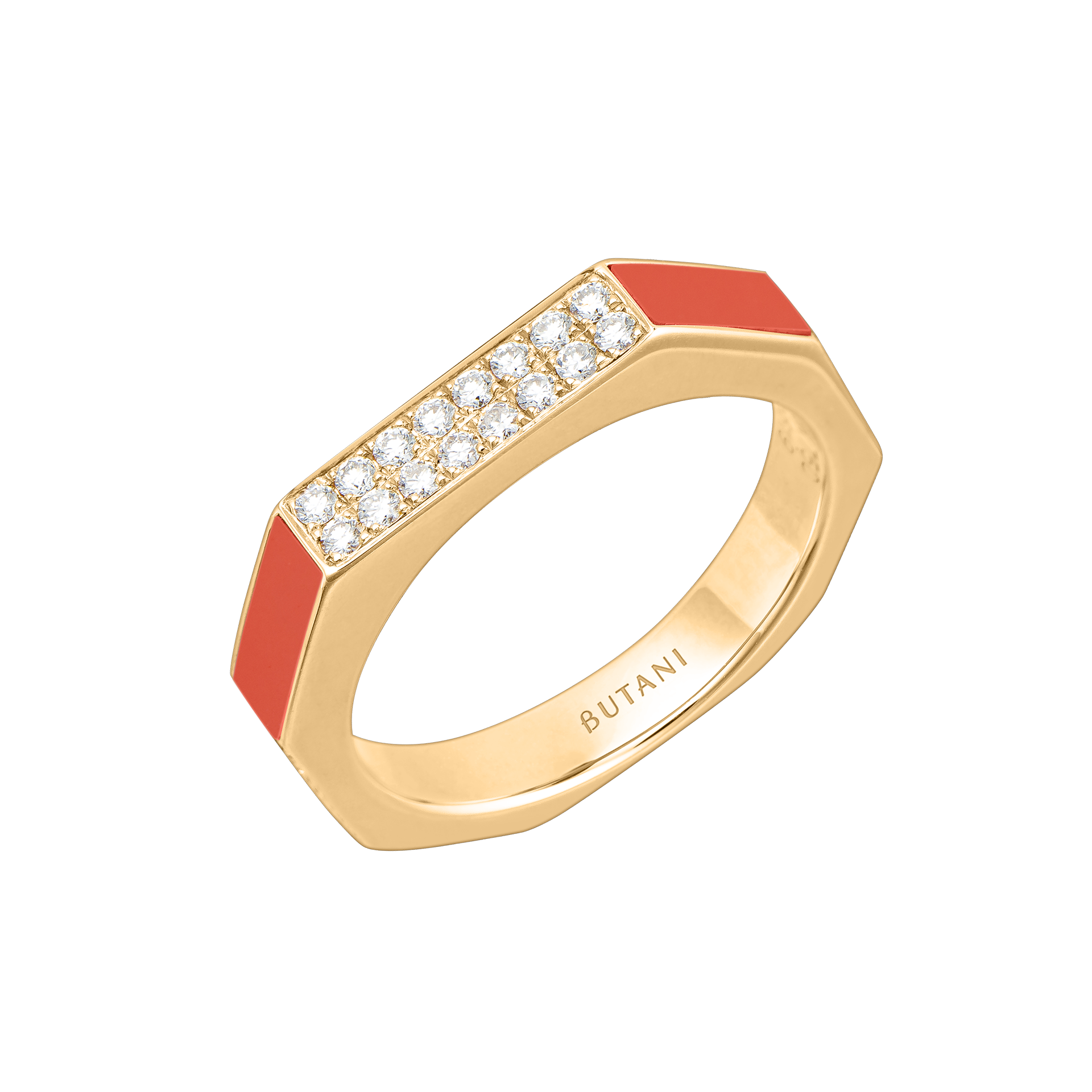 Nova Slim Diamond Ring with Orange Coral In 18K Yellow Gold